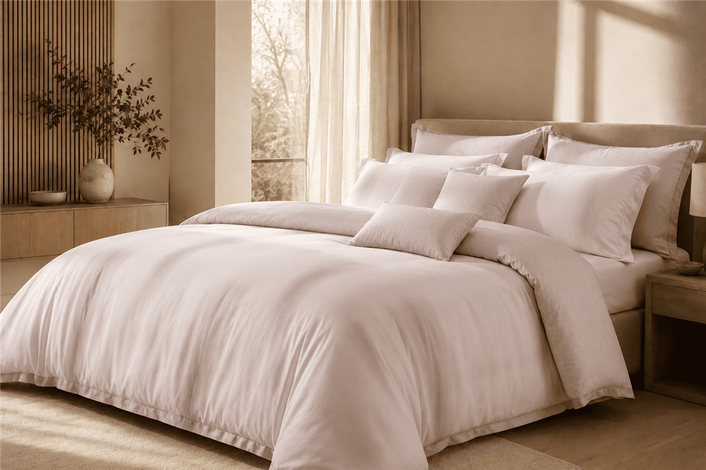 AKEMI TENCEL™ Lyocell bedding set in soft blush and taupe tones styled in a warm, luxurious modern bedroom.